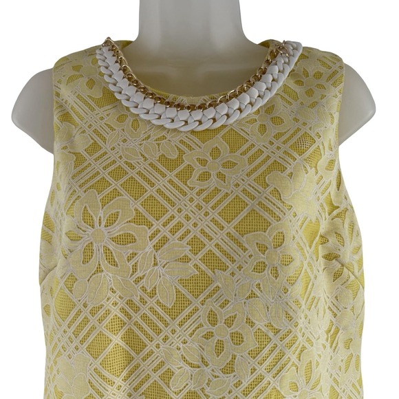 Belle Badgley Mischka Dress Womens 8 Yellow Lace Shift Sheath Chain Neckline - Picture 3 of 16